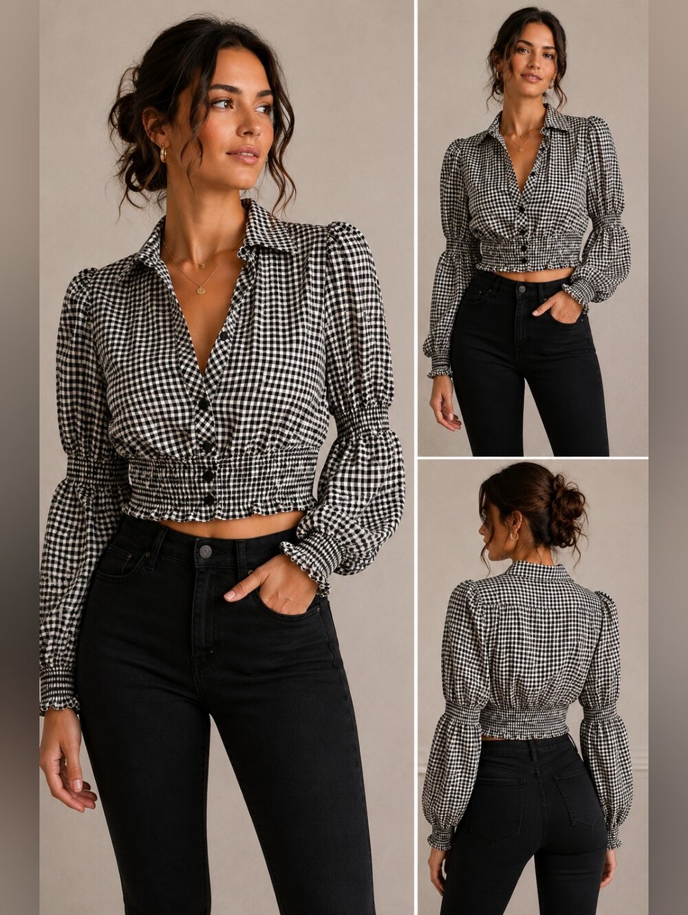 Nasty Gal Black & White Checkered Button Crop Shirt